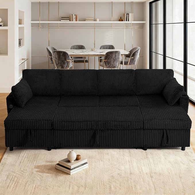 110" Corduroy U-Shape Sofa Bed with Adjustable Backrests, Upholstered Pull Out Sofa Bed with USB Ports, Convertible Sectional Sleeper Couch with Storage Chaise for Living Room, House, Black