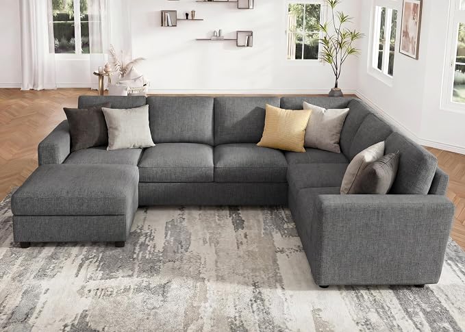 HONBAY Sectional Sofa with Storage, U Shape Sofa with Chaise, 7 Seater Sectional Couch for Living Room, Light Grey