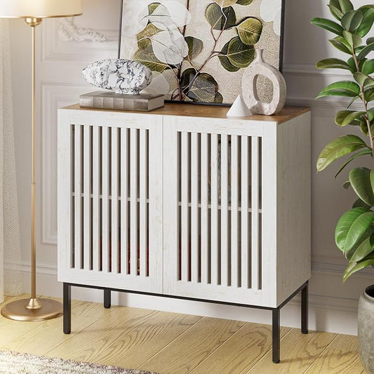 BVIUNTWO 31.5" Farmhouse Buffet Cabinet with Metal Base, Adjustable Shelf & 2 Doors, Antique White Storage Sideboard for Kitchen, Dining & Living Room