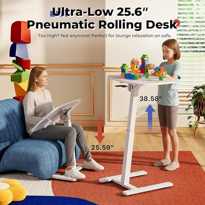 JOY worker Low Height Small Mobile Standing Desk for Couch, Height Adjustable TV Tray Table with 90° Foldable MDF Desktop, Portable Laptop Desk with Low Base & Lockable Hidden Casters, White
