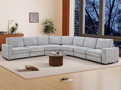 ORRD Oversized Curved Sectional Sofa, Convertible L Shaped Couch with Deep Seat, Boucle Modular Sectional Sofa with Pillows, Curved Chenille Comfy Corner 6 Seat Couch for Living Room, Grey