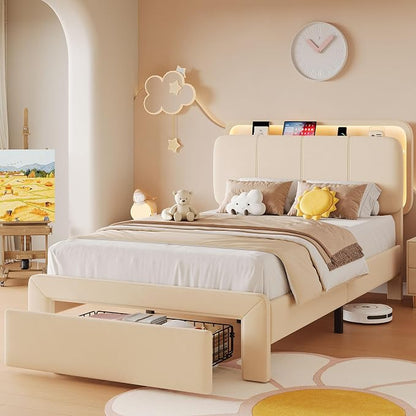 Feonase Twin Upholstered Bed Frame with Storage Drawers and Headboard, Built-in Charging Station, Velvet Platform LED Bed with Solid Wood Slat Support, No Box Spring Needed, for Girls and Kids, Beige