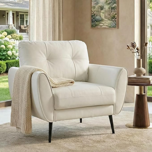 TYBOATLE Accent Chair Comfy Modern Living Room Chair White Leather Reading Accent Chairs Tufted Mid Century Moden Arm Chair Small Salon Chair for Office Bedroom (1, White)