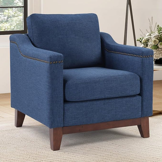 HAOMARKETS Vintage Upholstered Armchair with Nailhead Trim and Solid Wood Legs, Comfortable Accent Chair for Living Room & Bedroom, Blue
