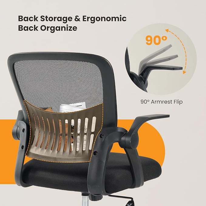 Sweetcrispy Home Office Managerial Executive Chair, Flip Up Armrest Ergonomic Mesh Adjustable Swivel Mid-Back Computer Desk Chair with Comfortable Lumbar Support, Comfy Arms for Bedroom,Study