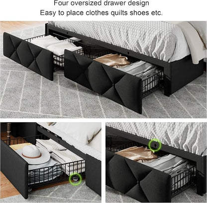 Feonase Queen Bed Frame with 4 Storage Drawers, Upholstered Platform Bed with Charging Station, Wingback Storage Headboard, Wooden Slats Support, No Box Spring Needed, Easy-Assembly, Black
