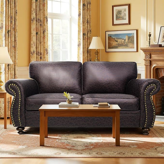 Couchus Mid-Century Vintage Sofa Couches with Rivet Design,loveseat Sofa,Removable Sofa Cover Upholstered Cushions and Solid Wood Frame (Brown, Loveseat)
