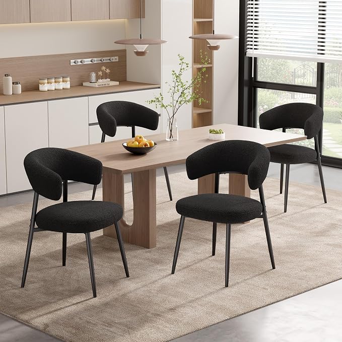 Dining Chairs Set of 2, Mid Century Modern Kitchen Chairs, Boucle Upholstered Dining Chair with Curved Backrest & Metal Legs for Kitchen Dining Room, Black