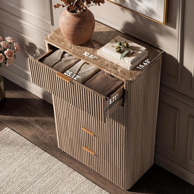 Dresser for Bedroom with 5 Drawers, 46"H Chest of Drawers, Fluted Dresser with Faux Marble Top, Curved Profile Design, Metal Handle, Wood Closet Storage Organizer for Living Room, Hallway, Natural Oak
