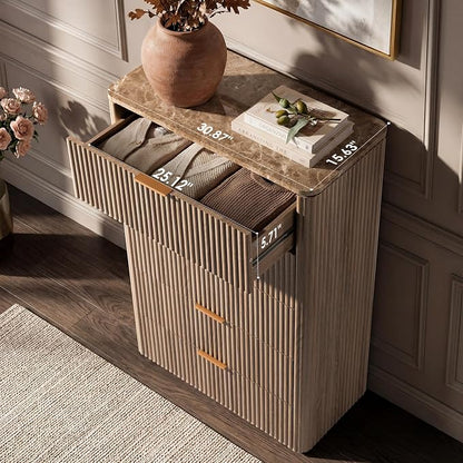 Dresser for Bedroom with 5 Drawers, 46"H Chest of Drawers, Fluted Dresser with Faux Marble Top, Curved Profile Design, Metal Handle, Wood Closet Storage Organizer for Living Room, Hallway, Natural Oak