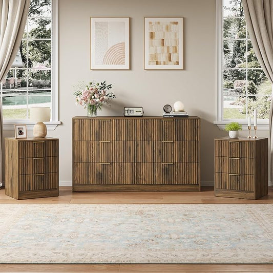 Walnut Dresser & Nightstand Set 3-Piece, 6 Drawer Dresser and Night Stand Set of 2 with Metal Handle, Modern Wood Chest of Drawers Storage Dressers Set for Bedroom, Walnut