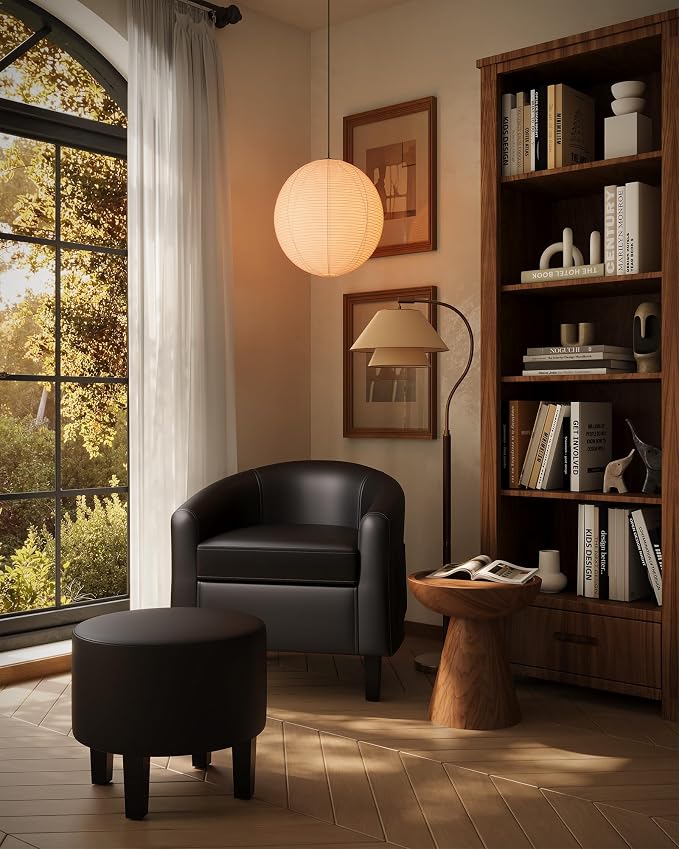 GarveeHome Chair and Ottoman Set, PU Leather Barrel Chair, Small Chair for Bedroom, Comfy Armchair with Footrest for Office & Study, Black