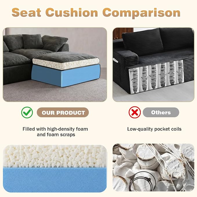 109" Boneless Cloud Couch Sectional for Living Room, Oversized Modular L Shaped Sofa with Ottoman, Deep Seat Chenille Sectional Couch for Cloud-Like Comfort (Onyx Black)