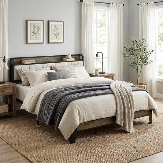 LIKIMIO California King Bed Frame, Storage Headboard with Charging Station, Solid and Stable, Noise Free, No Box Spring Needed, Easy Assembly (Walnut and Beige)