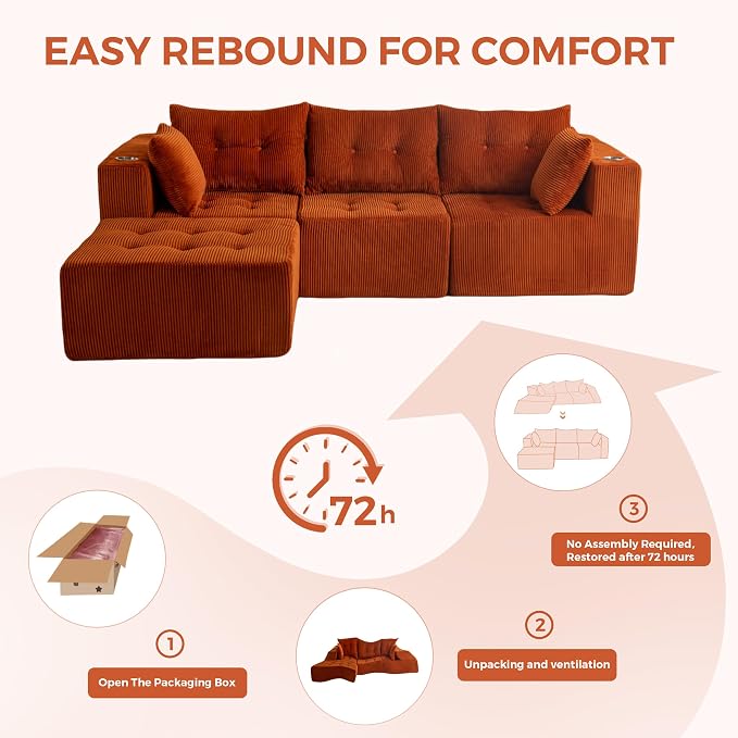 MAXYOYO Modular Sectional Sofa Couch, L Shaped Modern Cloud Couch with 1 Ottoman, Sofa in A Box, Tufted 4-Seat Boneless Chair for Living Room, No Assembly Required, Orange
