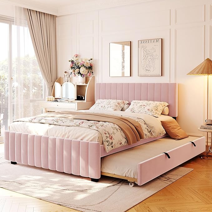 Ball & Cast Queen Bed Frame with Twin XL Size Trundle,Velvet Upholstered Platform Bed Frame Queen Size with Channel Tufted Headboard,Wood Slats Support,No Box Spring Needed,Easy Assembly,Pink