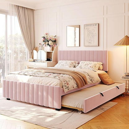 Ball & Cast Queen Bed Frame with Twin XL Size Trundle,Velvet Upholstered Platform Bed Frame Queen Size with Channel Tufted Headboard,Wood Slats Support,No Box Spring Needed,Easy Assembly,Pink