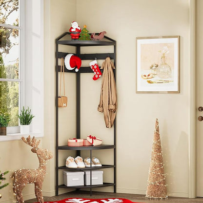 GiftGo Corner Hall Tree with Shoe Bench Entryway Coat Rack with 10 Metal Movable Hooks Freestanding Clothes Rack Shoes Shelf Organizer for Home Office Bedroom (Black)