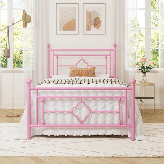 Allewie Twin Size Metal Platform Bed Frame with Victorian Vintage Headboard and Footboard/Mattress Foundation/Under Bed Storage/No Box Spring Needed/Noise-Free/Easy Assembly, Pink