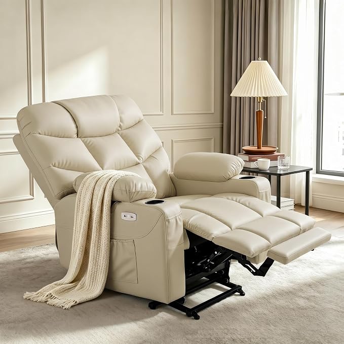 MCombo Oversized Power Lift Recliner Chair with Extended Footrest, Extra Wide for Big and Tall Elderly People, Faux Leather R7289 (Beige, Medium-Wide)