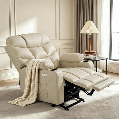 MCombo Oversized Power Lift Recliner Chair with Extended Footrest, Extra Wide for Big and Tall Elderly People, Faux Leather R7289 (Beige, Medium-Wide)