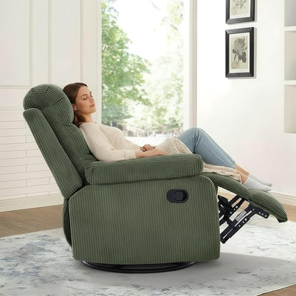Rocking Recliner Chair,Modern Swivel Glider Recliner Chair,Corduroy Fabric Upholstery Recliner,Manual Reclining Sofa Chair for Living Room,Office,Apartment (Green)