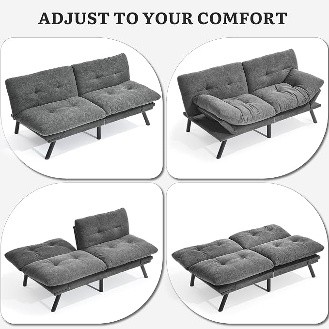 YITAHOME Convertible Futon Sofa Bed with Adjustable 3 Color Light Strip, 70" Folding Futon Set for Living Room Home Office Aprtment, Modern Futon Couch with Adjustable Backrest & Armrests, Grey