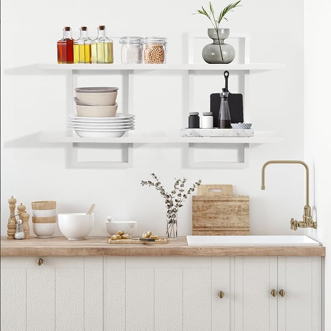 PHOENANCEE Floating Shelves for Wall,Display Hanging Shelf Set of 2,Modern Decorative Plants Shelves,Wood Home Decor Storage Chic for Living Room Bedroom Bathroom Office,Oak Frame,2-Tier,White