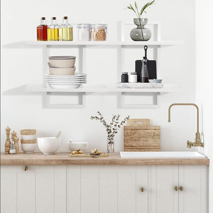 PHOENANCEE Floating Shelves for Wall,Display Hanging Shelf Set of 2,Modern Decorative Plants Shelves,Wood Home Decor Storage Chic for Living Room Bedroom Bathroom Office,Oak Frame,2-Tier,White