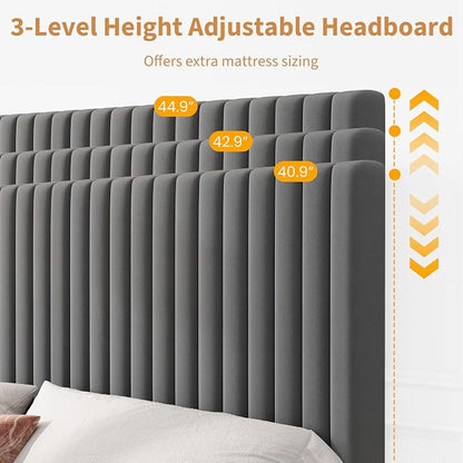 IDEALHOUSE Queen Bed Frame with Adjustable Headboard, Velvet Upholstered Platform Queen Size Bed Frame, Vertical Channel Tufted, Strong Wooden Slats, No Box Spring Needed, Easy Assembly, Grey