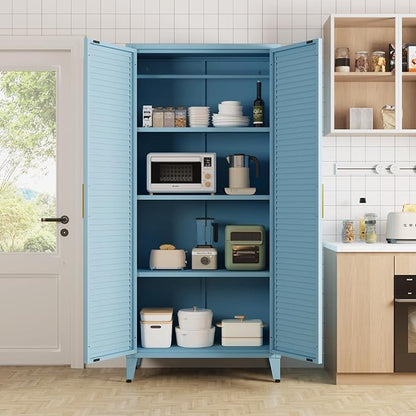 61" Tall Blue Kitchen Pantry Cabinet, Farmhouse Metal Pantry Storage Cabinets, with 2 Louvered Door and 3 Adjustable Shelves, Multipurpose Storage Organizer, for Home, Entryway, Kids Room