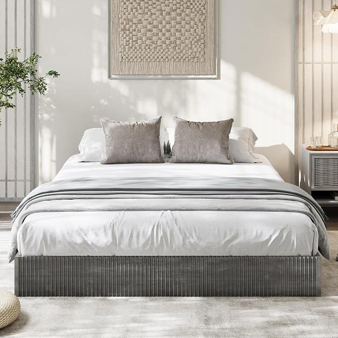 Garvee Full Bed Frame, Wood Platform Bed with Fluted Design, Low Profile BedFrame, Minimalist Bed Base with Noise-Free, Easy Assembly, No Box Spring Needed, Charcoal Grey