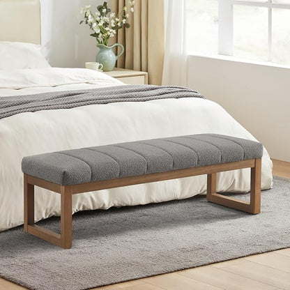 Zihanhome 52.7" Bedroom Bench for End of Bed, Modern Upholstered Teddy Fabric Entryway Bench & Dining Bench, Footrest Stool Bench with Solid Wood Frame for Bedroom, Living Room (Light Grey)