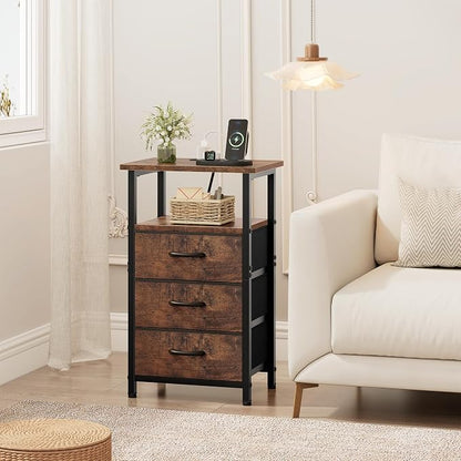 Vagusicc Nightstand Set of 2 with Charging Station, Bedside Table with USB Ports & Outlet, Side End Table with 3 Fabric Drawers & Storage Shelf, Bed Side Table Night Stand for Bedroom, Rustic Brown