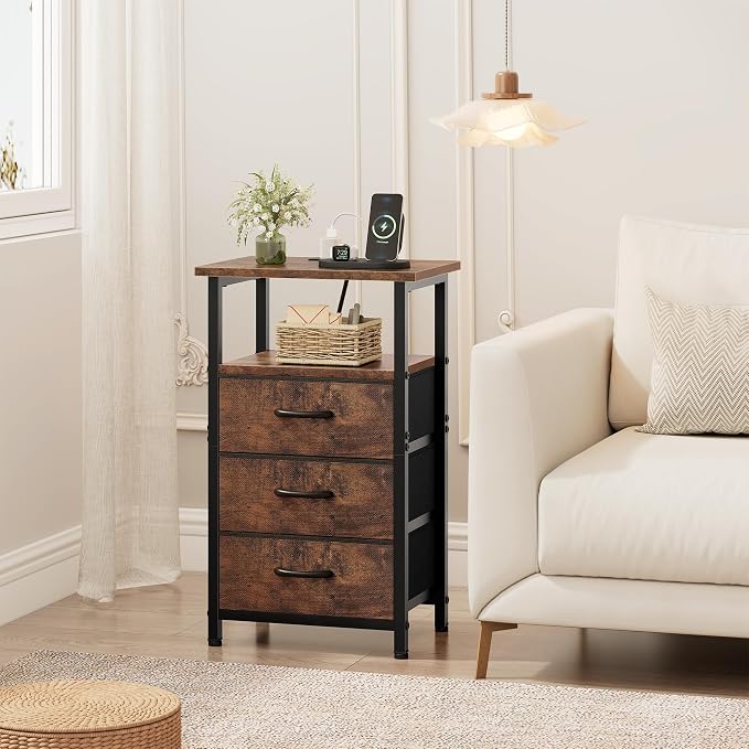 Vagusicc Nightstand with Charging Station, Bedside Table with USB Ports and Outlet, End Table Side Table with 3 Fabric Drawers and Storage Shelf, Bed Side Table Night Stand for Bedroom, Rustic Brown