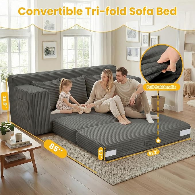 Boneless Couch,3 Seater Boneless Couch Bed – 3-in-1 Convertible Sleeper Sofa with Side Pockets & Handle,Pull Out Corduroy Futon for Small Space,Living Room & Bedroom, 3 Pillows Included,No Assembly