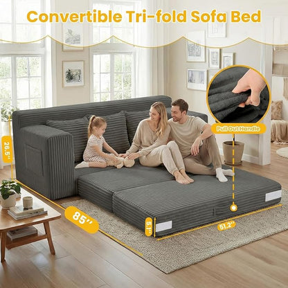 Boneless Couch,3 Seater Boneless Couch Bed – 3-in-1 Convertible Sleeper Sofa with Side Pockets & Handle,Pull Out Corduroy Futon for Small Space,Living Room & Bedroom, 3 Pillows Included,No Assembly