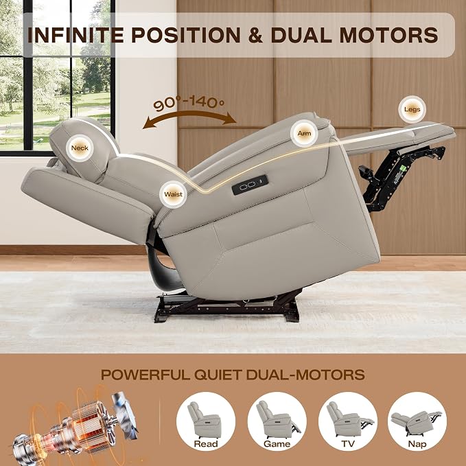 Watson & Whitely Super Zero Gravity Power Recliner Chair with Power Headrest, Genuine Leather Recliner with USB & Type-C Ports, Electric Reclining Sofa Chair for Living Room, Bedroom, Light Grey