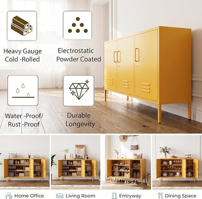 Yellow Metal Storage Cabinet 3 Door Wide Metal Storage Cabinet 2 Layer Adjustable Shelves 32 "H Wide Steel Lockable Storage Cabinet Multipurpose Metal Accent Cabinet for Office/Home/Dining