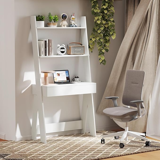 Tangkula Ladder Desk with Countertop & Drawer, Home Office Computer Laptop Table with Open Shelves & Anti-Tip Kits, Wall-Leaning Compact Working Station for Small Spaces (White)