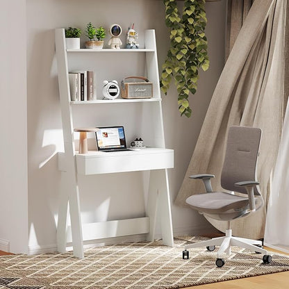 Tangkula Ladder Desk with Countertop & Drawer, Home Office Computer Laptop Table with Open Shelves & Anti-Tip Kits, Wall-Leaning Compact Working Station for Small Spaces (White)