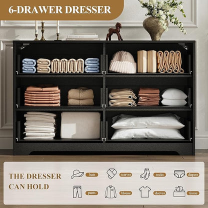MALOL Coastline Fluted 6 Drawers Dresser for Bedroom, 55" Wide Modern Chest of TV Stand Organizers with Metal Handle, Storage Wooden Dresser Drawer for Living Room, Hallway, Closet, Black Wood