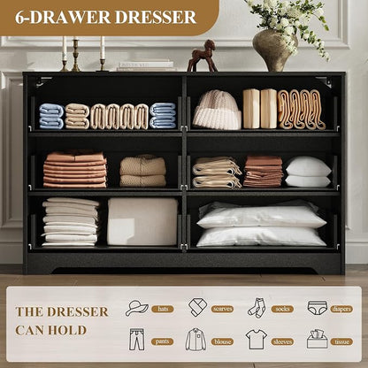 MALOL Coastline Fluted 6 Drawers Dresser for Bedroom, 48" Wide Modern Chest of TV Stand Organizers with Metal Handle, Storage Wooden Dresser Drawer for Living Room, Hallway, Closet, Black Wood