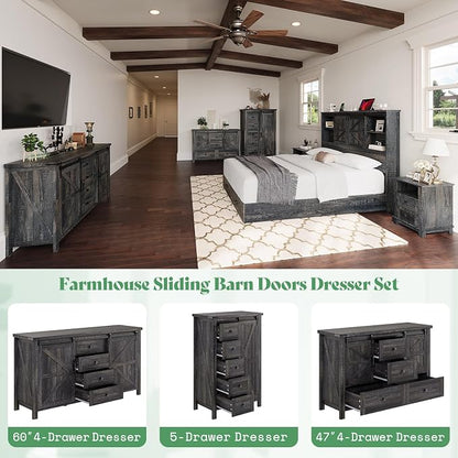 AMERLIFE 4 Pieces Farmhouse Bedroom Set, Includes Full Size Bookcase Headboard Bed Frame, 5 Drawer Tall Dresser, 47'' Dresser with 4 Drawers, 60" Dresser with 4 Drawers, Black Oak