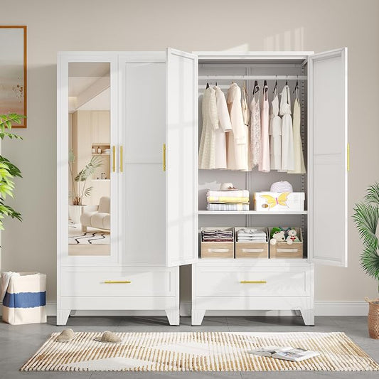 Metal Wardrobe Storage Cabinet with Mirror and Hanging Rod,71'' Metal Clothing Cabinet with 2 Doors and Drawer for Bedroom, Laundry Room, Cloak Room (White)