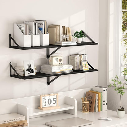 Heimlove Black Deep Floating Shelves for Wall, 40W x 12D Wood Wall Shelves Set of 2, Wide Floating Bookshelf for Living Room, Kitchen, Office, Bedroom and Decor Storage, with Metal Bracket - Black