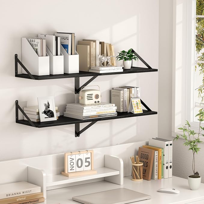 Heimlove Black Deep Floating Shelves for Wall, 44W x 12D Wood Wall Shelves Set of 2, Wide Floating Bookshelf for Living Room, Kitchen, Office, Bedroom and Decor Storage, with Metal Bracket - Black