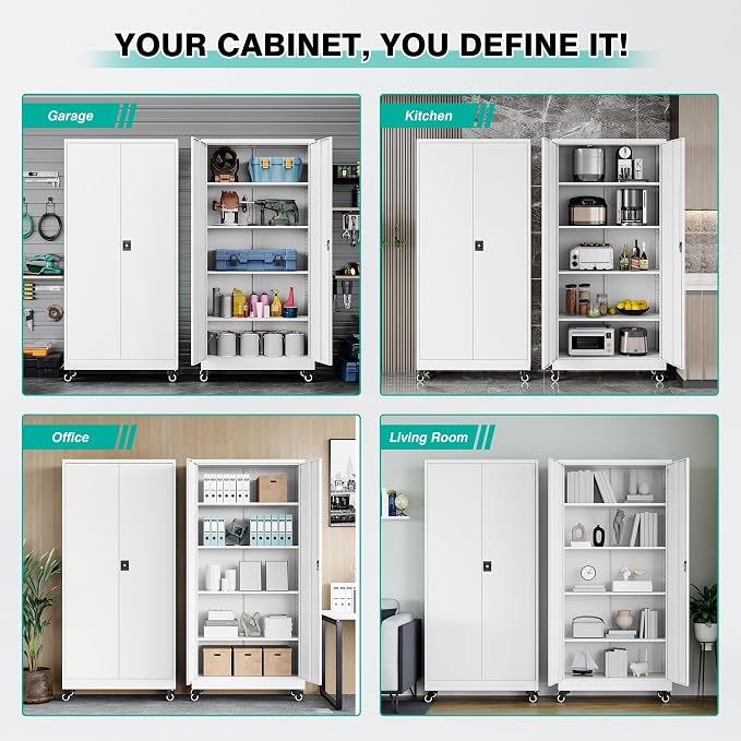 SISESOL 75" Tall Metal Storage Cabinet with Wheels,Rolling Garage Storage Cabinet with Lock,White Metal Cabinets with Wheels and Shelves,Tool Cabinets on Roller for Garage,Home,Office,Shop