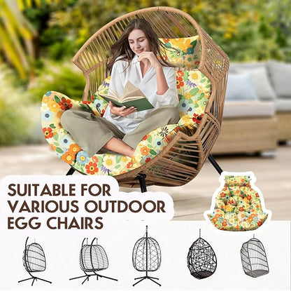 Outdoor Hanging Egg Chair Cushion Replacement, Thicken Egg Chair Cushion Waterproof Basket Eggs Chairs Cushion with Headrest Pillow, U-Shaped Cushions for Hanging Eggs Chairs Swing (Daisy)