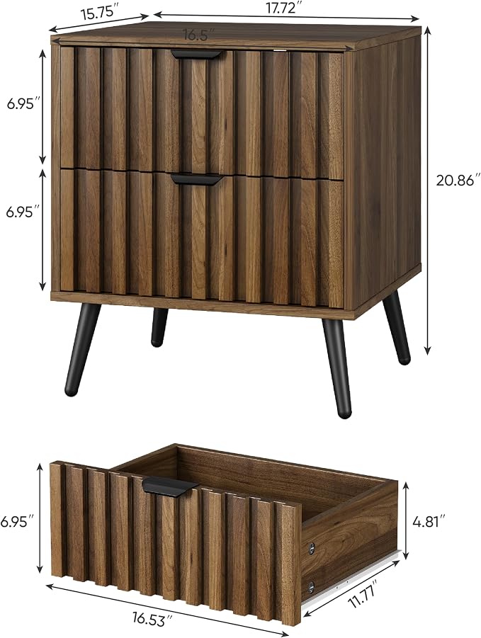 Smuxee Walnut Wooden Night Stand Set of 2, Mid Century Nightstand with 2 Fluted Drawers, Bedside Table with Open Shelf, Modern End Side Table for Bedroom